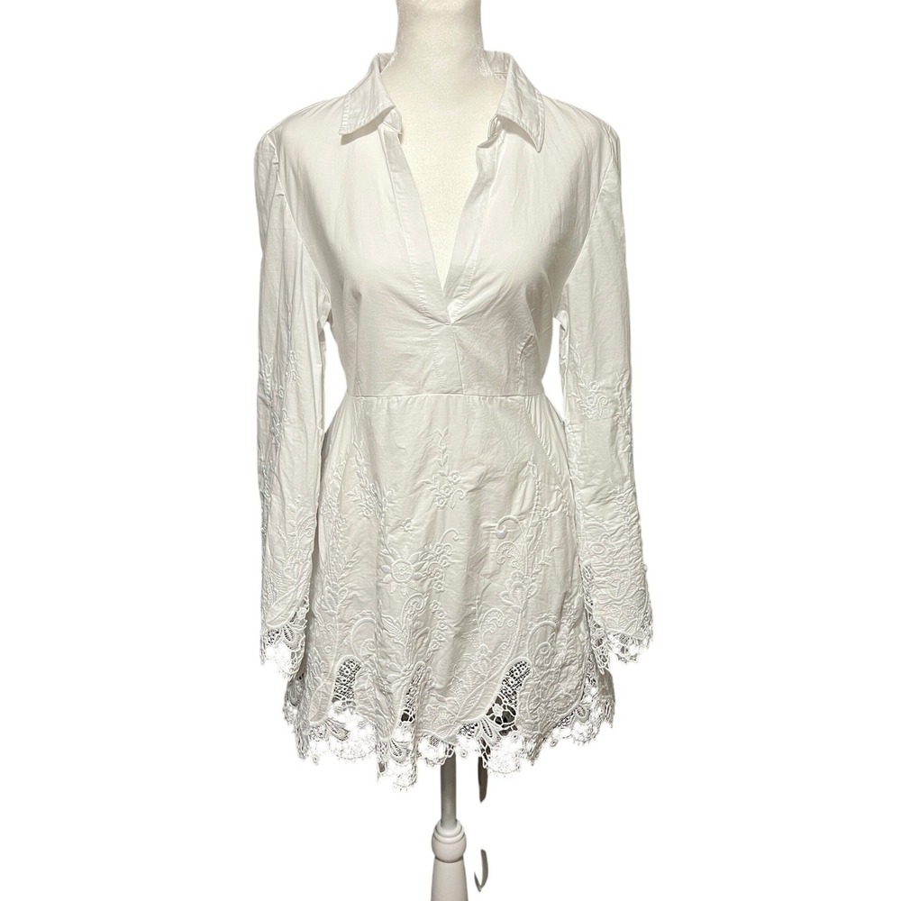 Roaman's White Cotton Embroidered Lace Trim Dress Women's Long Sleeve Fairy Boho